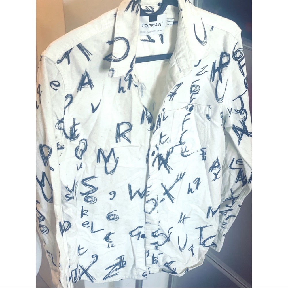TopMan Letters Button Up Top Sz XXS Collared Shirt Black and Off White